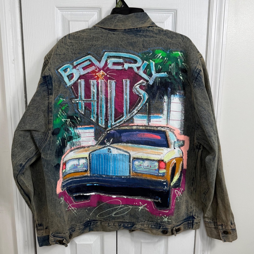 Vintage Sportdeco Beverly Hills Denim Jacket L Hand Painted Car Sequin 80s 90s